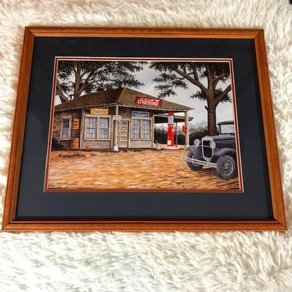 NWOT Vintage Coca-Cola Country Pitstop Matted Wood Glass Framed Print